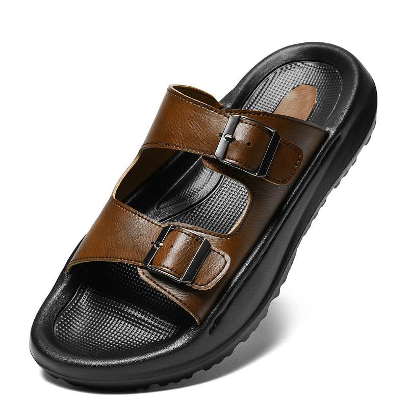 Men Shoes Velcro - Męskie sandały wsuwane skórzane kapcie z